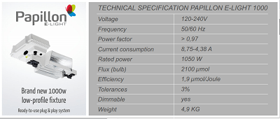 Характеристики светильника для теплиц e-Papillon 1000W/220-240V dimmable EU NEW Low Profile