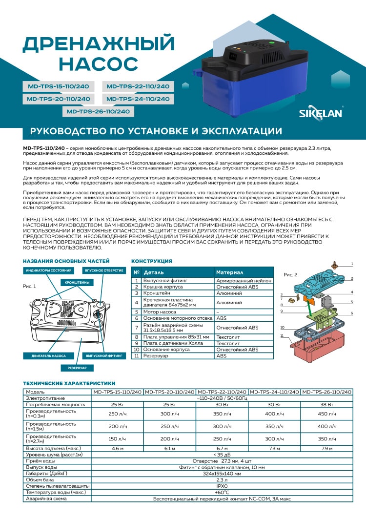 Инструкция к дренажной помпе Sikelan MD-TPS-20 (страница 1)