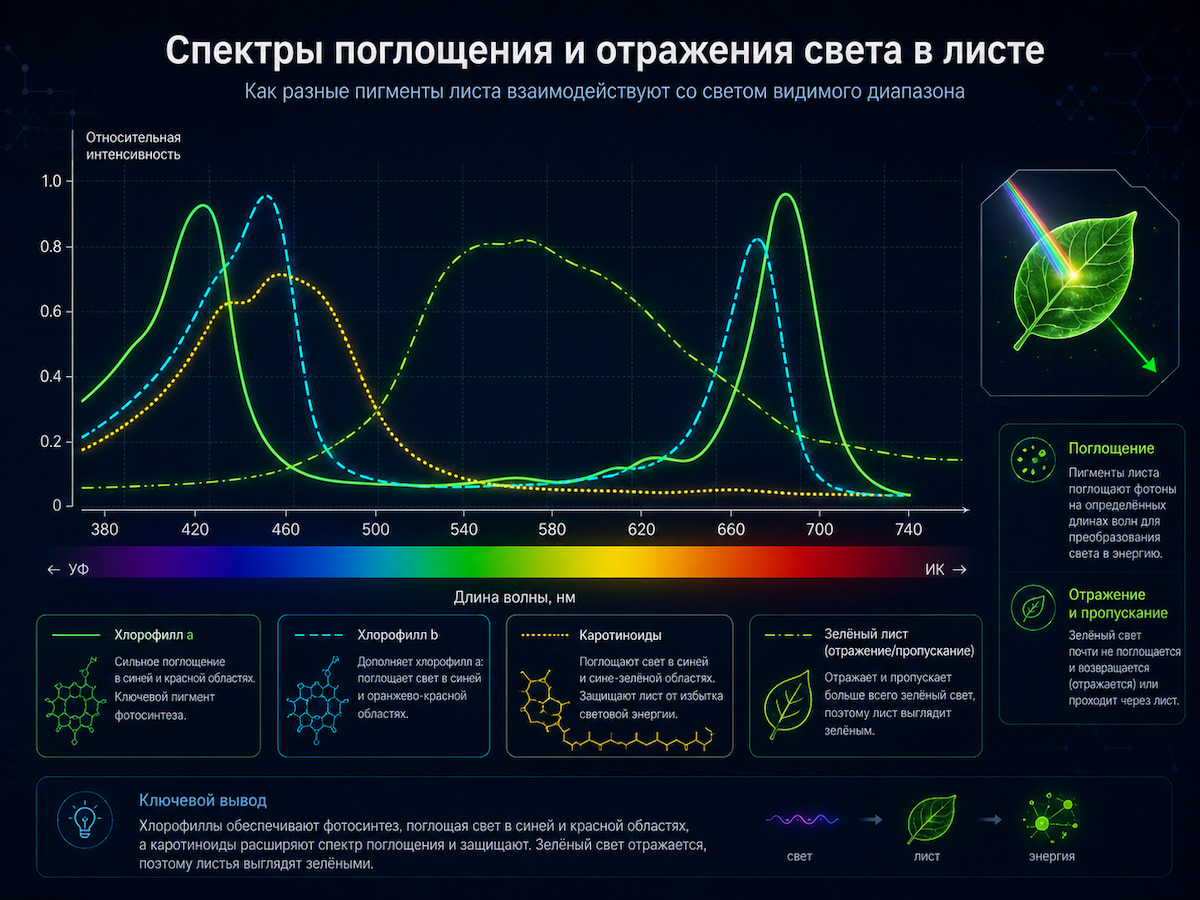 Спектры поглощения и отражения света в листе