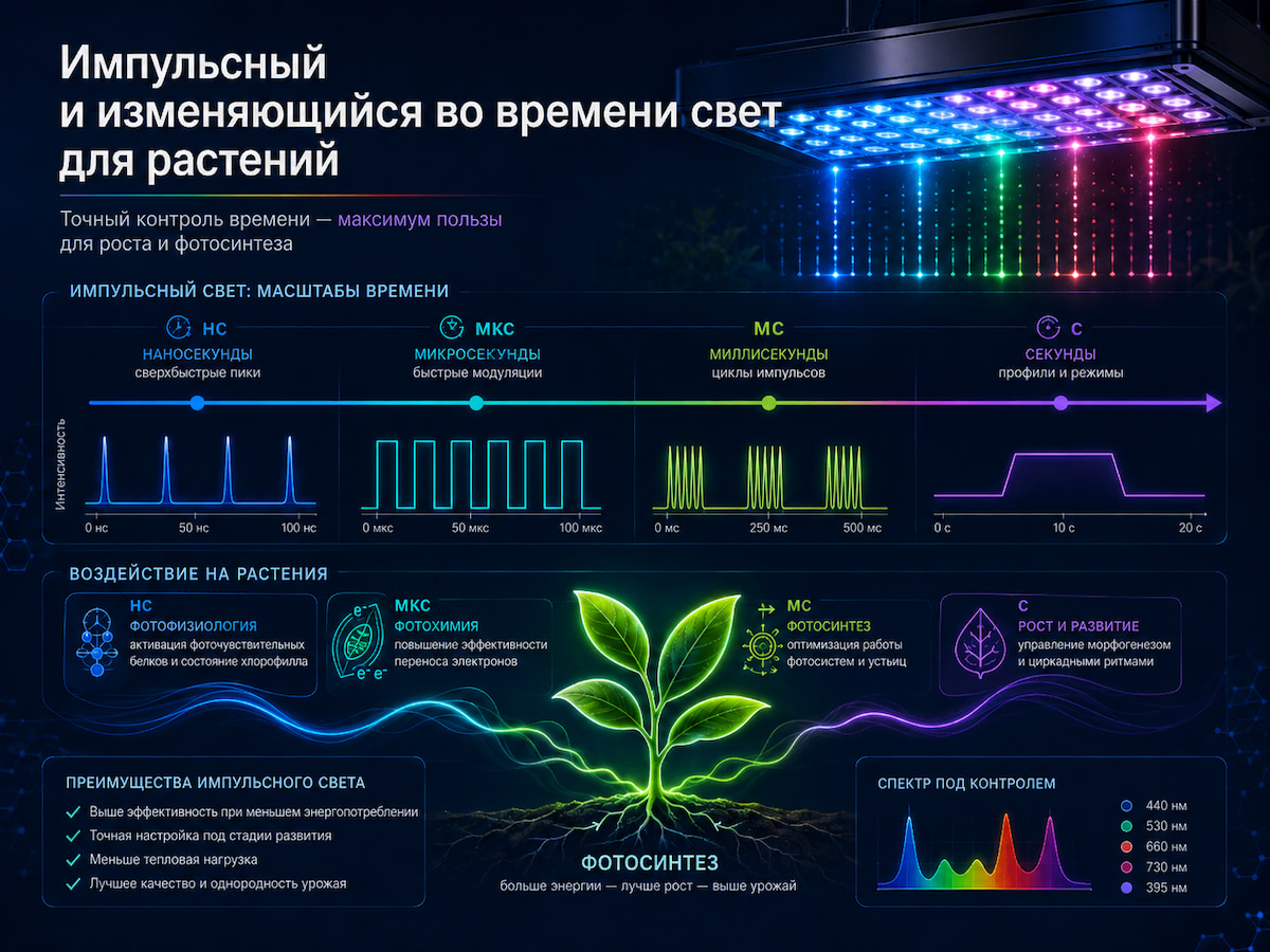 Импульсный и изменяющийся во времени свет для растений